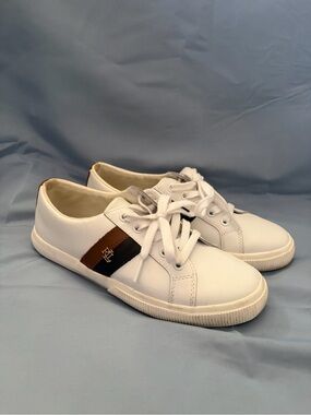 Lauren Ralph Lauren White Sneakers with Brown and Black Stripes